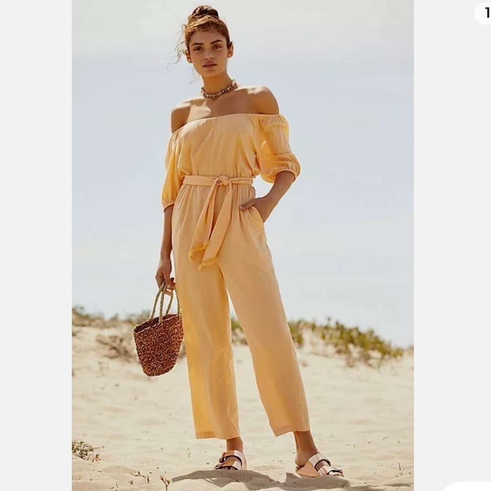 Free People Nalani Off-The-Shoulder Linen Blend Jumpsuit Orange  Size x Small
